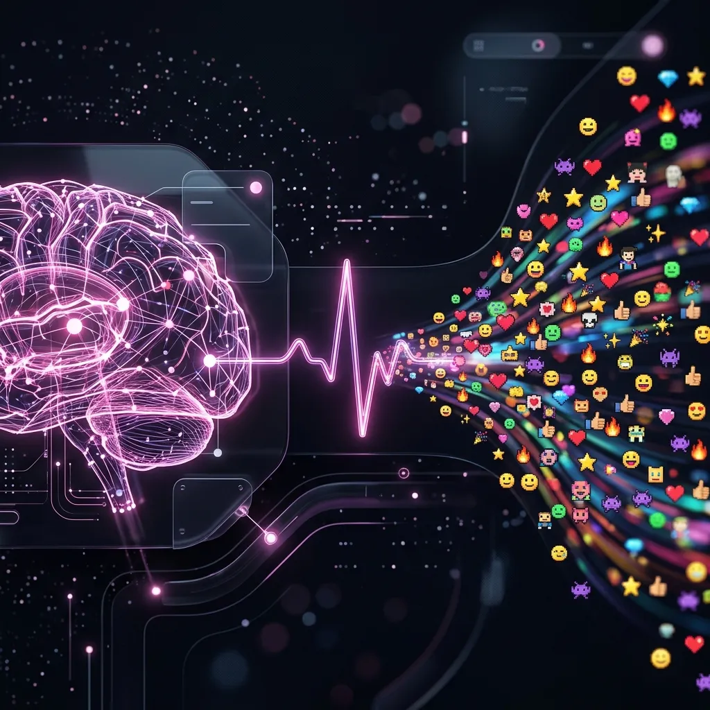 Abstract 3D visualization of biometric brain data merging with stream emotes