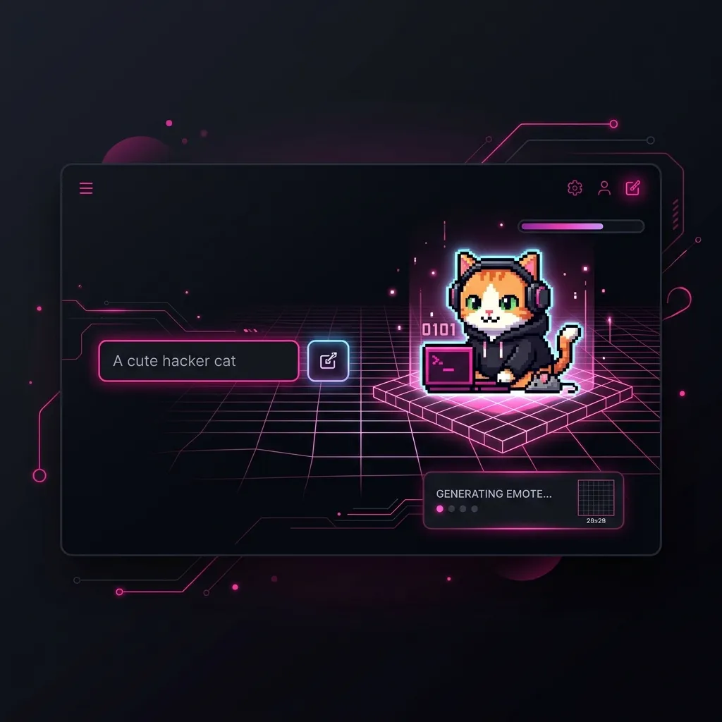 A premium dark mode illustration showing an AI Twitch Emote Generator rendering a highly detailed pixel art cat emote from a text prompt