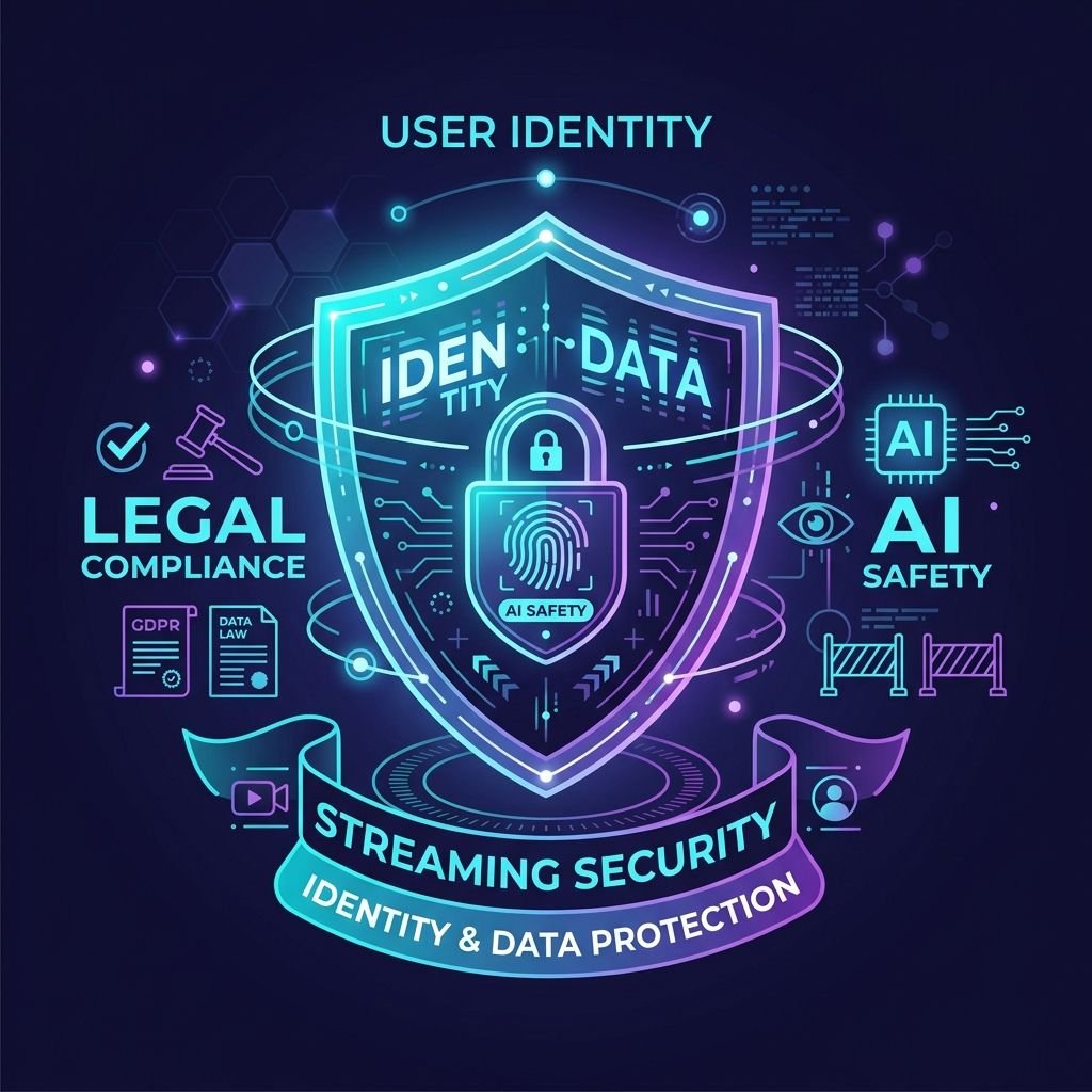 A premium, minimalistic illustration of a futuristic digital shield or lock protecting user identity and data, representing legal compliance and AI safety in streaming.