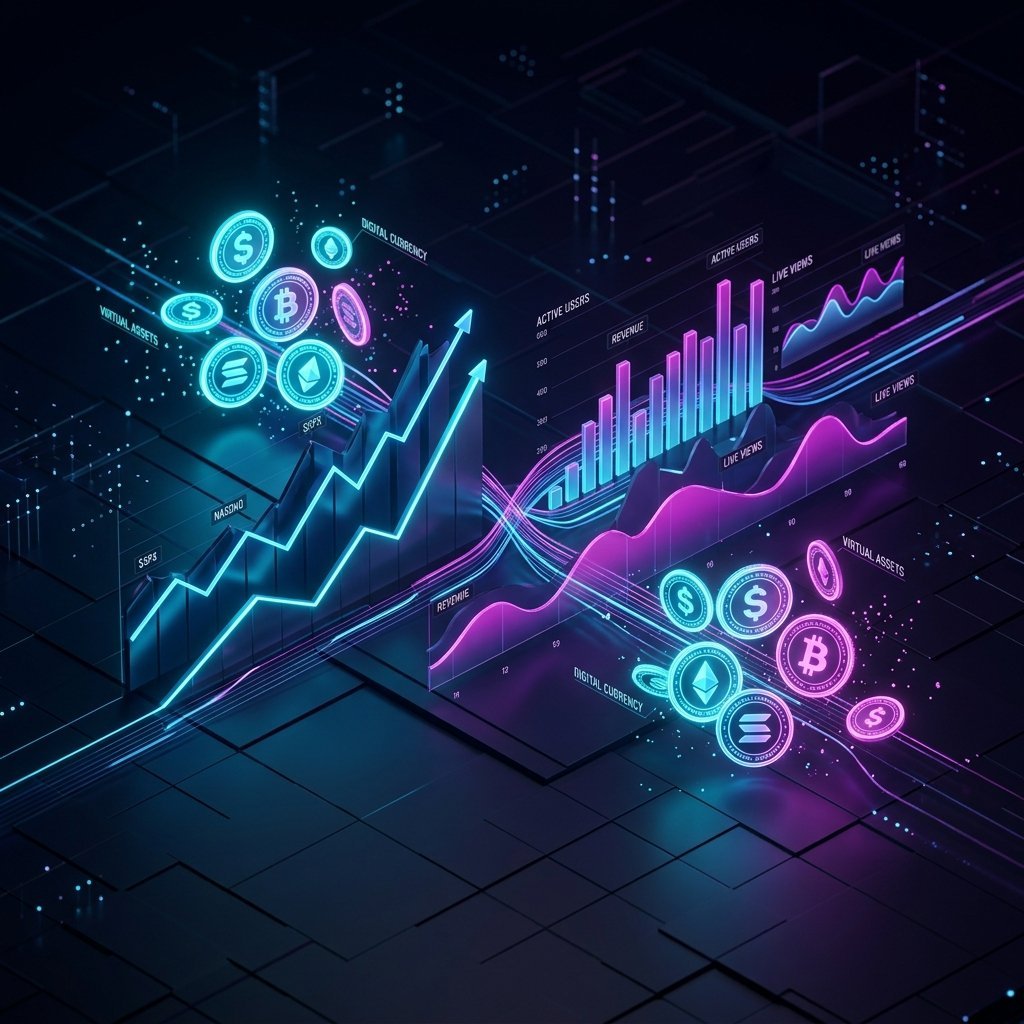 A sleek, premium, minimalistic 3D rendering of financial graphs intersecting with digital streaming analytics and glowing virtual currency tokens, representing the economics of the emote ecosystem.