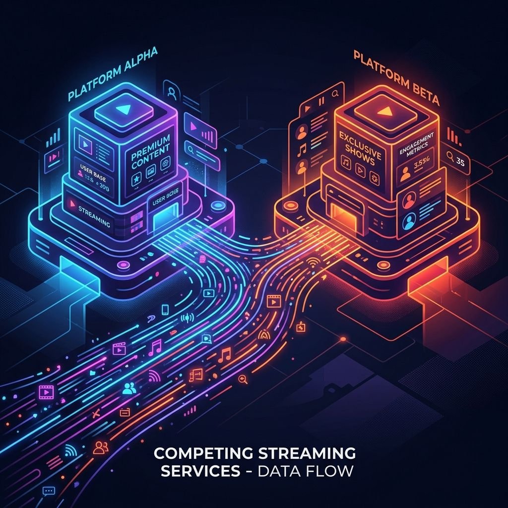 A premium, minimalistic illustration of two abstract glowing platforms representing competing streaming services, with data streams flowing between them.