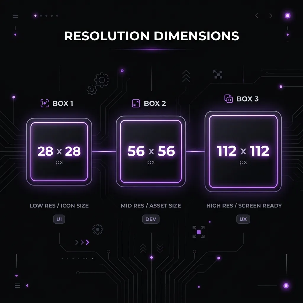 Infographic detailing the exact Twitch Emote Resizer dimensions: 28x28, 56x56, and 112x112
